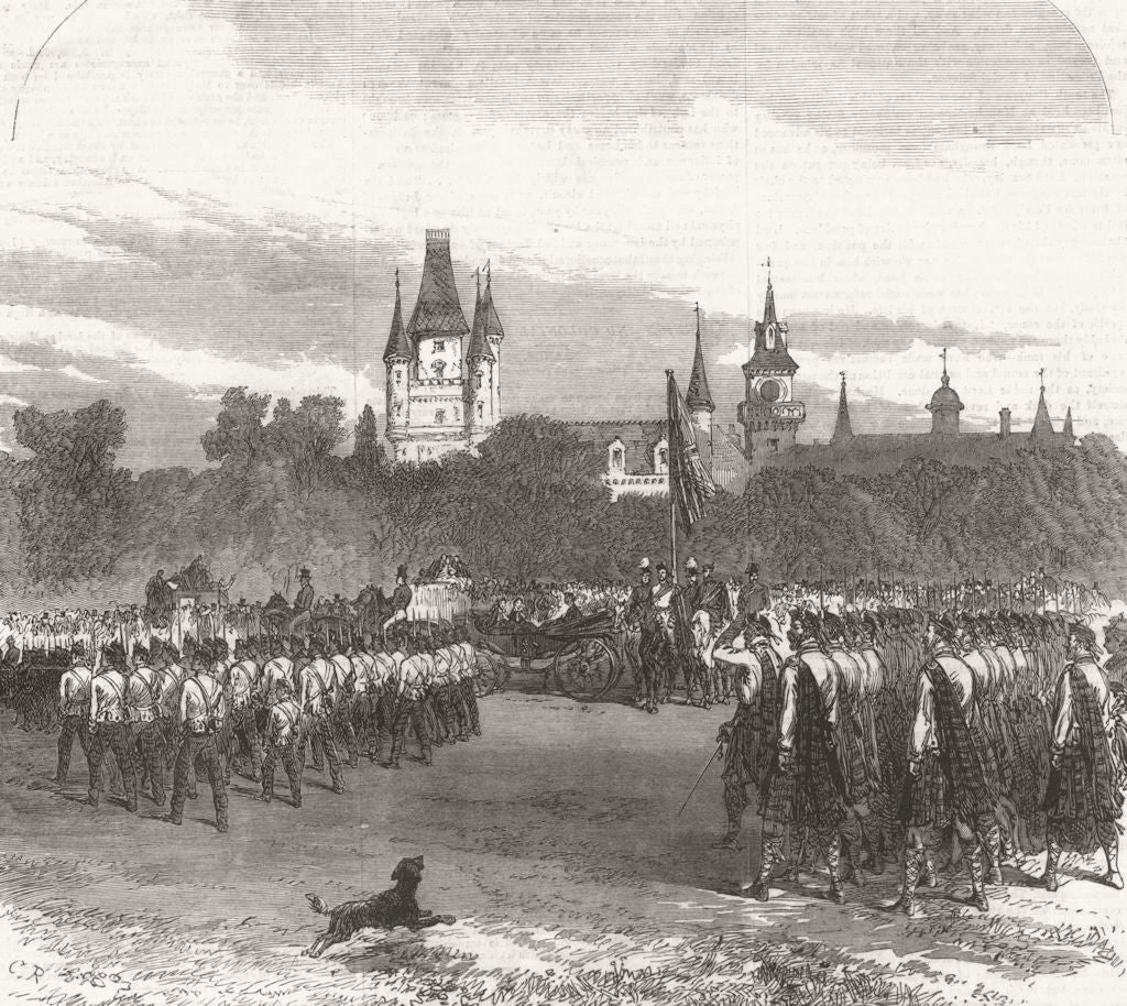 SCOTLAND. Prince of Wales, Dunrobin Castle, troops 1866 old antique print